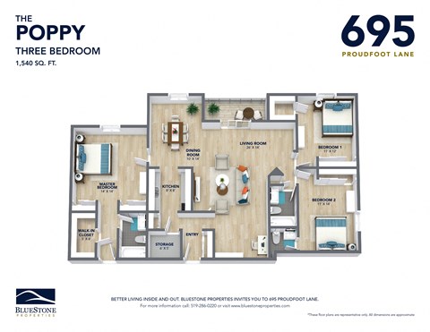 Floor plan for 3 beds, 2.5 baths, 1540 sqft